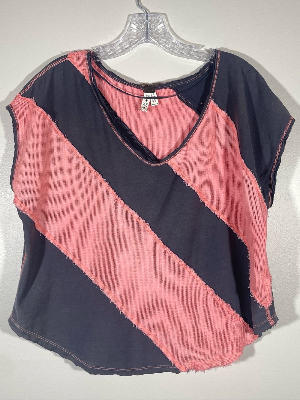 We The Free Textured Knit Colorblock Top XS Pink & Charcoal Raw Hem Boho